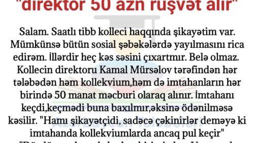 Kamal Mürsəlov: Kollecdə 50 AZN rüşvət ittihamı